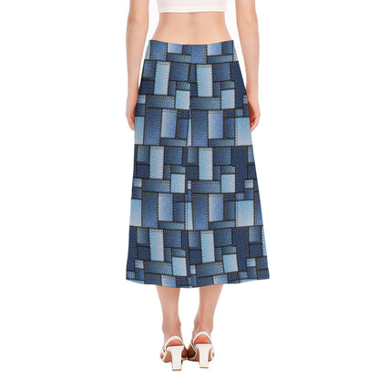 Blue Denim Patchwork Pattern Print Side Slit Midi Skirt
