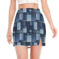 Blue Denim Patchwork Pattern Print Side Slit Mini Skirt