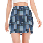 Blue Denim Patchwork Pattern Print Side Slit Mini Skirt