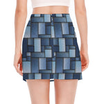 Blue Denim Patchwork Pattern Print Side Slit Mini Skirt