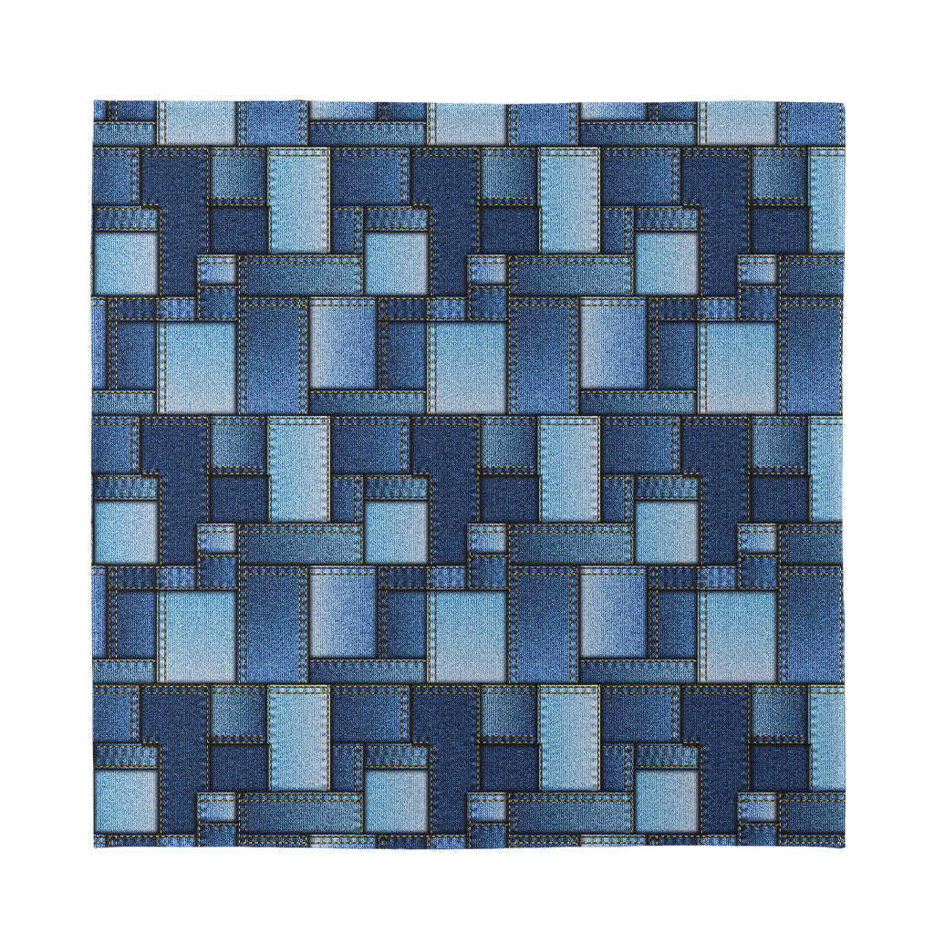 Blue Denim Patchwork Pattern Print Silk Bandana
