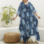 Blue Denim Patchwork Pattern Print Silk V-Neck Kaftan Dress
