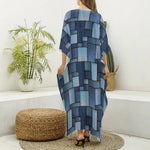 Blue Denim Patchwork Pattern Print Silk V-Neck Kaftan Dress