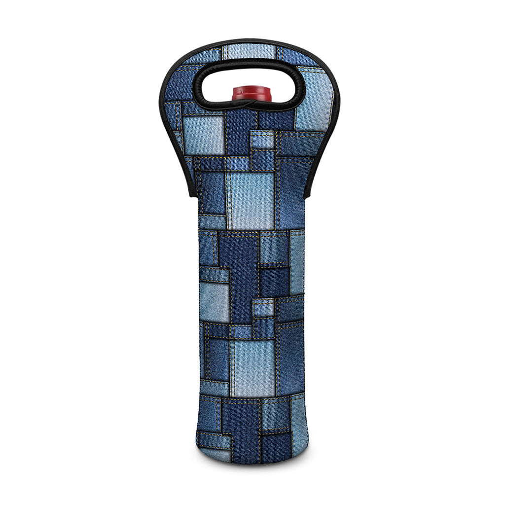 Blue Denim Patchwork Pattern Print Single Neoprene Wine Tote
