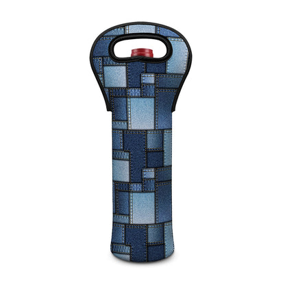 Blue Denim Patchwork Pattern Print Single Neoprene Wine Tote