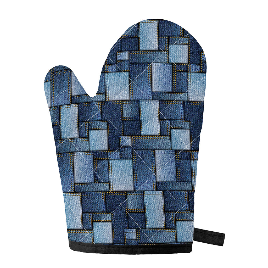 Blue Denim Patchwork Pattern Print Single Oven Mitt
