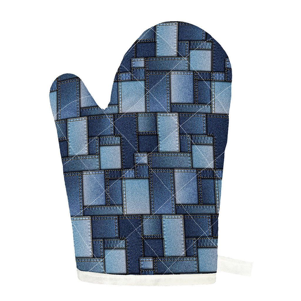 Blue Denim Patchwork Pattern Print Single Oven Mitt