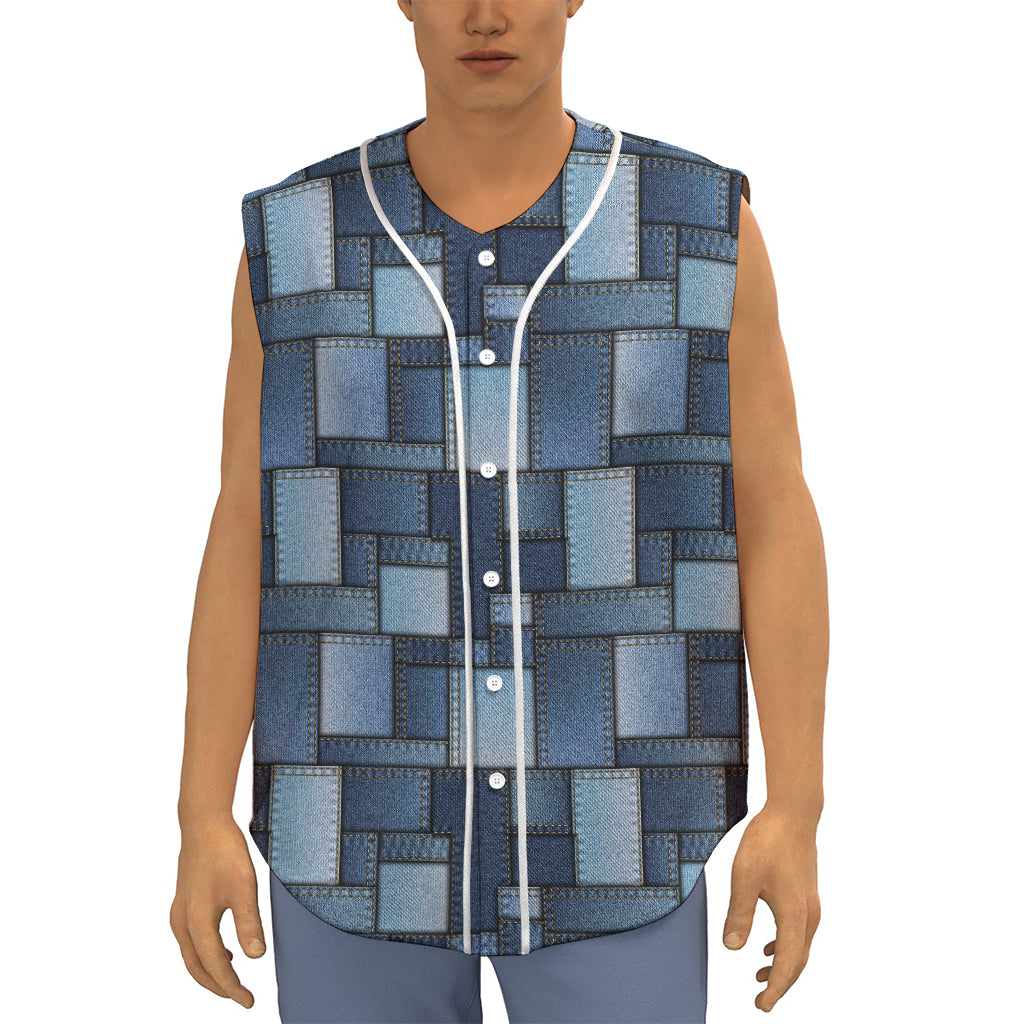 Blue Denim Patchwork Pattern Print Sleeveless Baseball Jersey