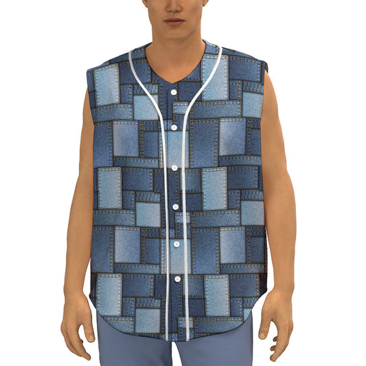 Blue Denim Patchwork Pattern Print Sleeveless Baseball Jersey