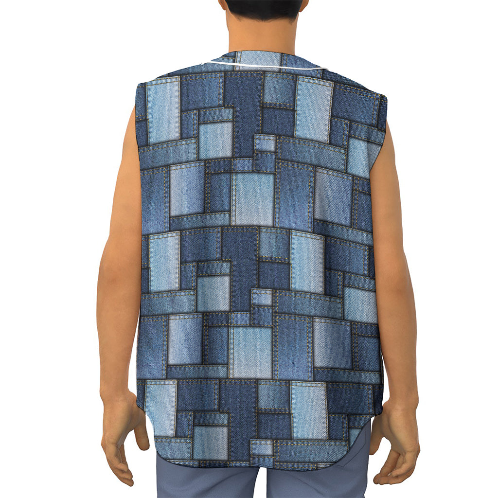 Blue Denim Patchwork Pattern Print Sleeveless Baseball Jersey