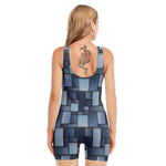 Blue Denim Patchwork Pattern Print Sleeveless One Piece Swimsuit