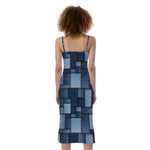 Blue Denim Patchwork Pattern Print Slim Fit Midi Cami Dress