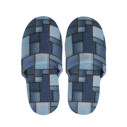 Blue Denim Patchwork Pattern Print Slippers