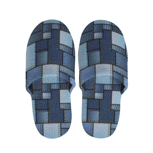 Blue Denim Patchwork Pattern Print Slippers