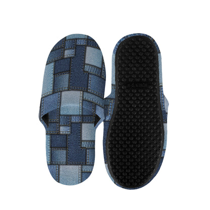 Blue Denim Patchwork Pattern Print Slippers