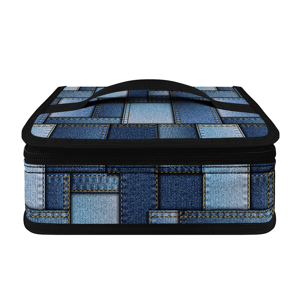 Blue Denim Patchwork Pattern Print Small Lunch Bag