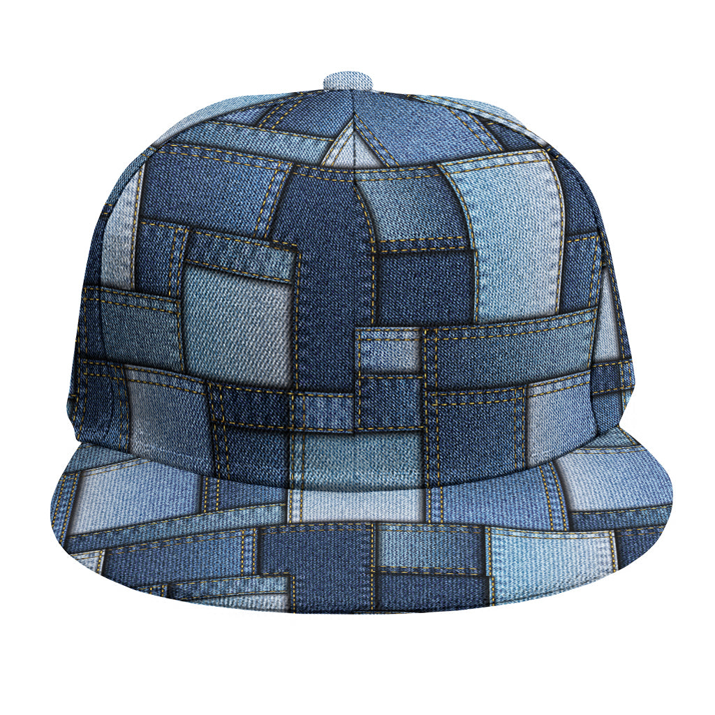 Blue Denim Patchwork Pattern Print Snapback Cap