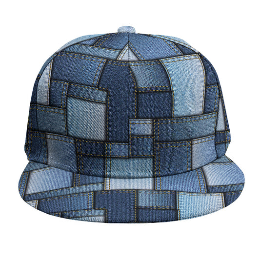Blue Denim Patchwork Pattern Print Snapback Cap