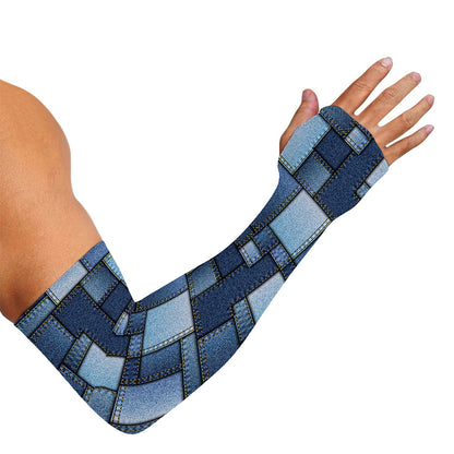 Blue Denim Patchwork Pattern Print Sun Protection Arm Sleeves