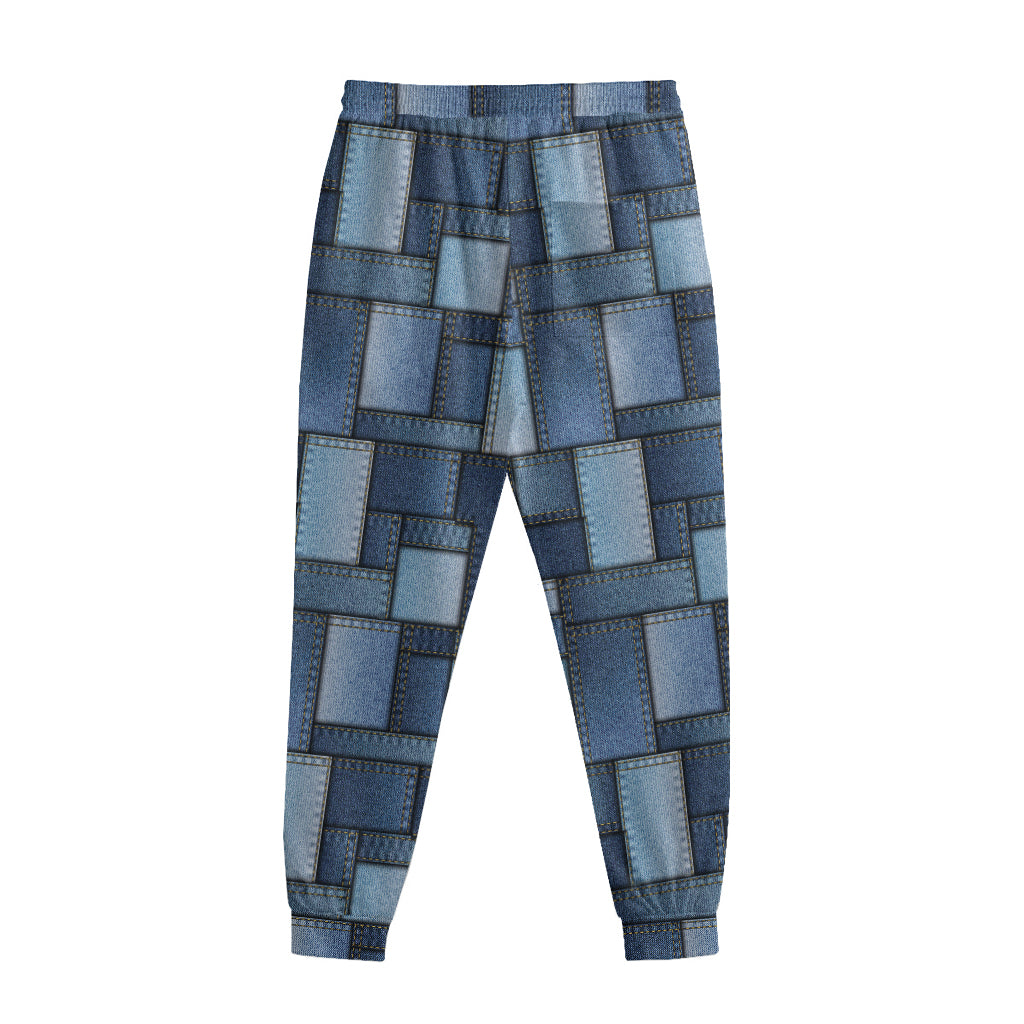 Blue Denim Patchwork Pattern Print Sweatpants
