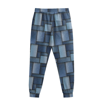 Blue Denim Patchwork Pattern Print Sweatpants