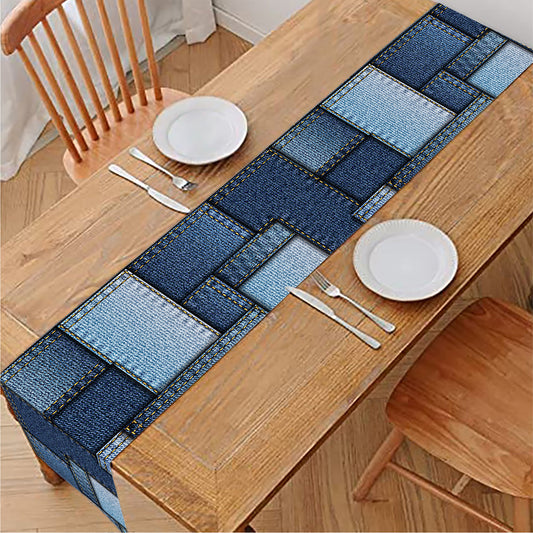 Blue Denim Patchwork Pattern Print Table Runner