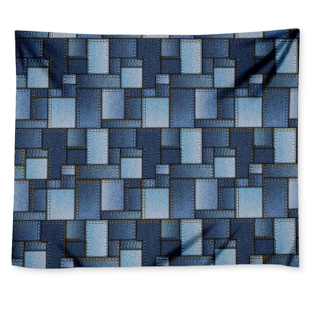 Blue Denim Patchwork Pattern Print Tapestry