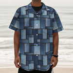 Blue Denim Patchwork Pattern Print Textured Short Sleeve Shirt