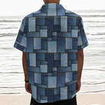 Blue Denim Patchwork Pattern Print Textured Short Sleeve Shirt