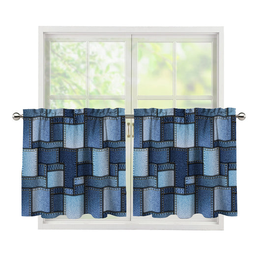 Blue Denim Patchwork Pattern Print Tier Curtains