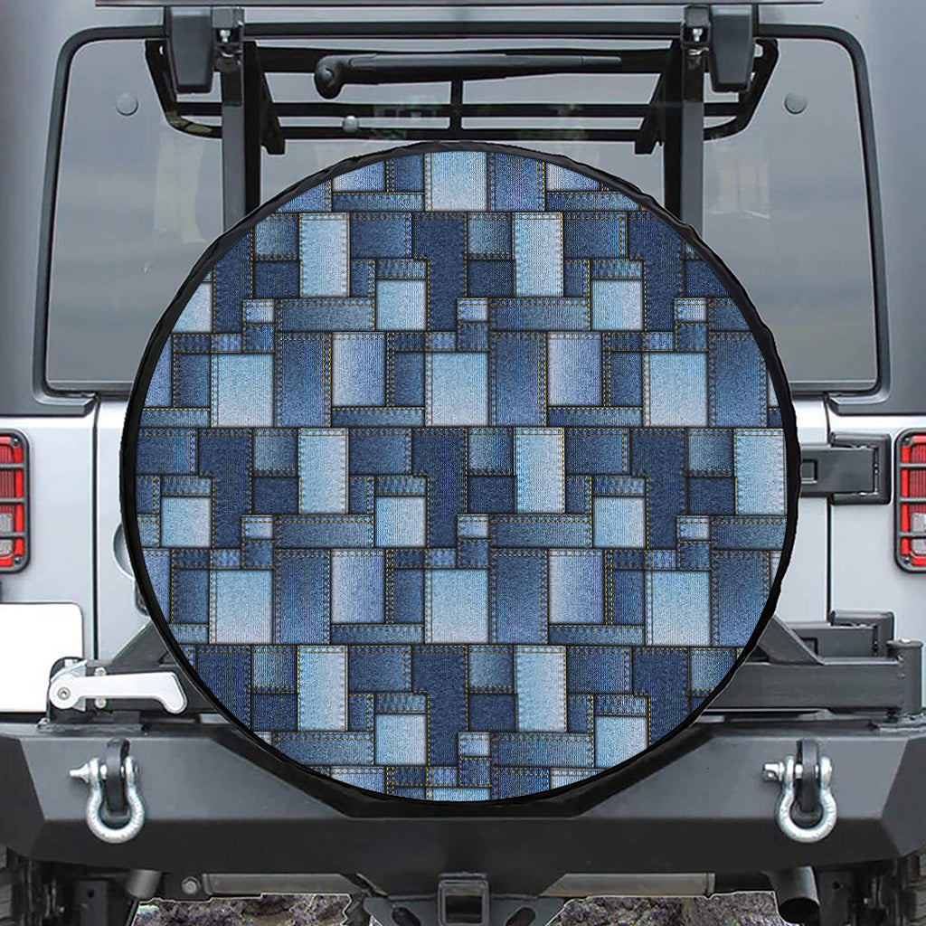 Blue Denim Patchwork Pattern Print Tire Cover