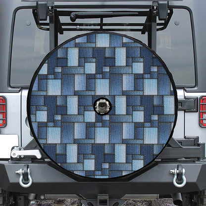 Blue Denim Patchwork Pattern Print Tire Cover With Camera Hole