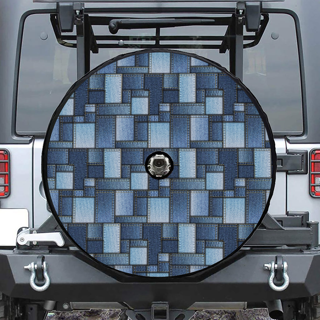 Blue Denim Patchwork Pattern Print Tire Cover With Camera Hole