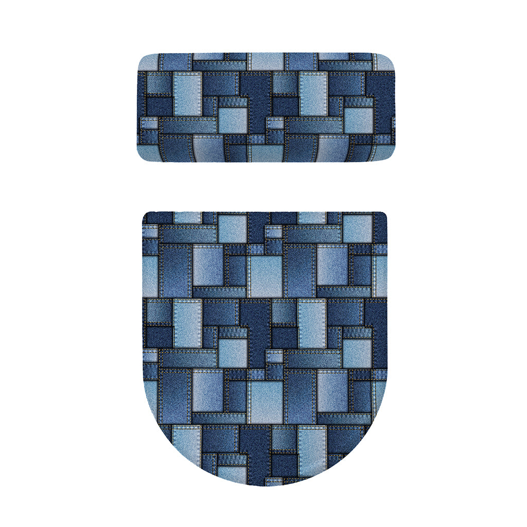 Blue Denim Patchwork Pattern Print Toilet Lid And Tank Cover Set