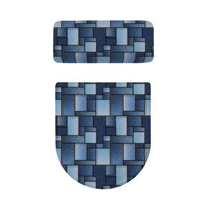 Blue Denim Patchwork Pattern Print Toilet Lid And Tank Cover Set