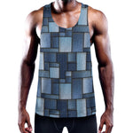 Blue Denim Patchwork Pattern Print Training Tank Top