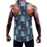 Blue Denim Patchwork Pattern Print Training Tank Top