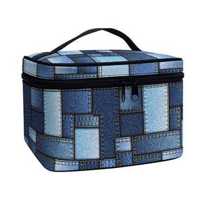 Blue Denim Patchwork Pattern Print Travel Makeup Bag
