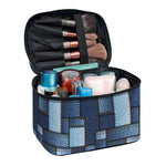 Blue Denim Patchwork Pattern Print Travel Makeup Bag