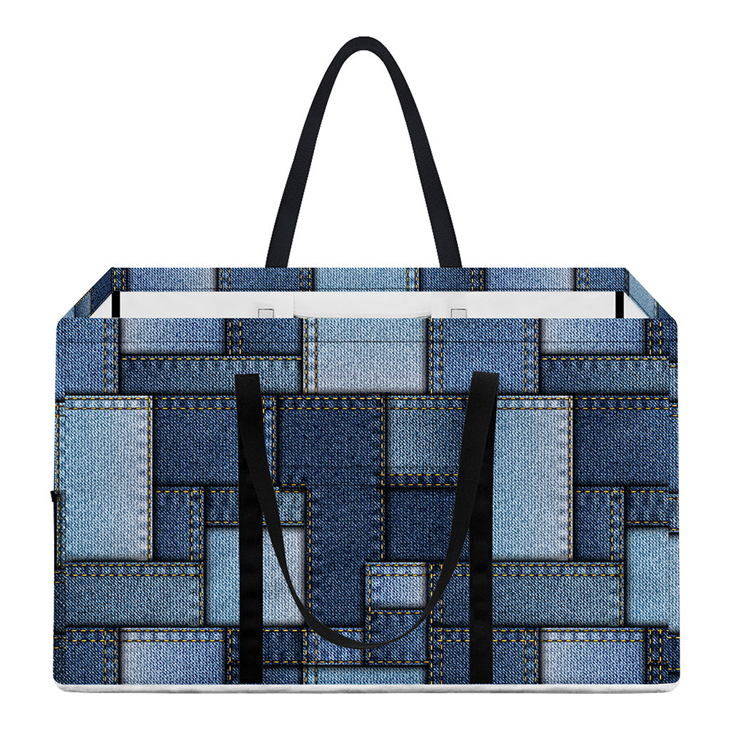 Blue Denim Patchwork Pattern Print Utility Tote Bag