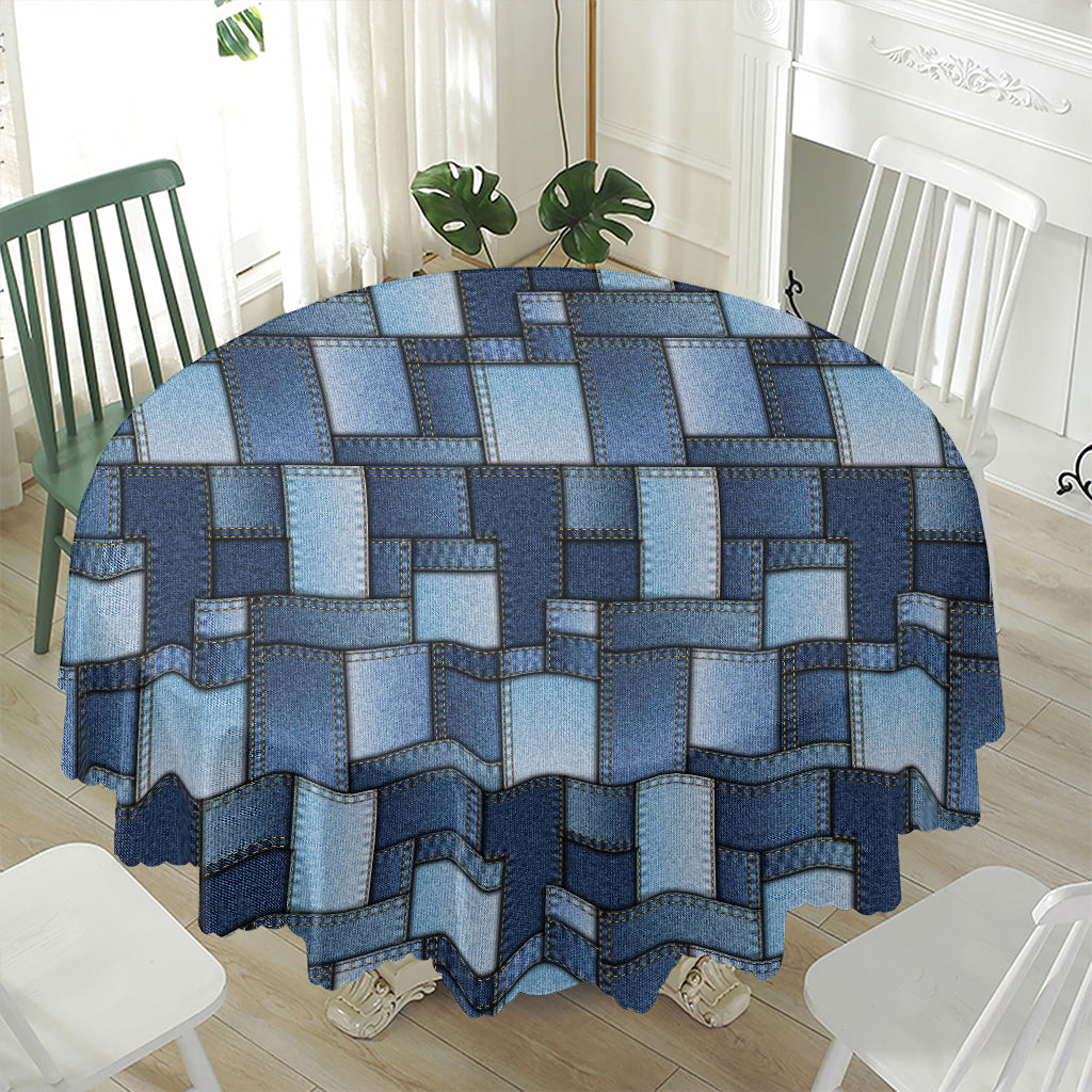 Blue Denim Patchwork Pattern Print Waterproof Round Tablecloth