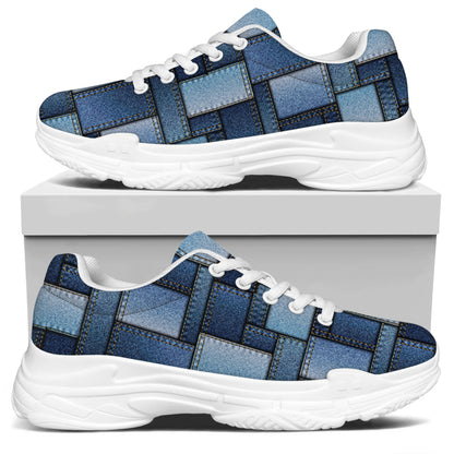 Blue Denim Patchwork Pattern Print White Chunky Shoes