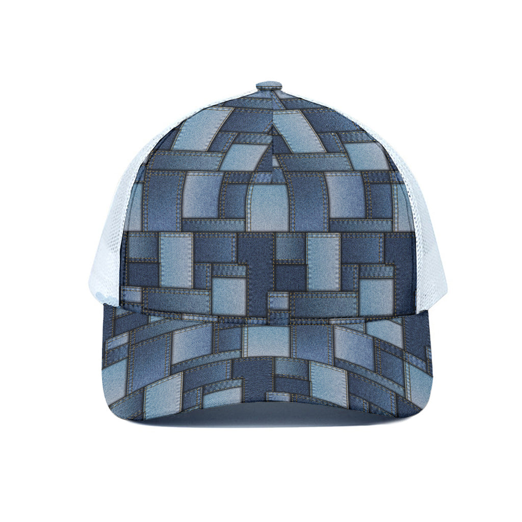 Blue Denim Patchwork Pattern Print White Mesh Trucker Cap