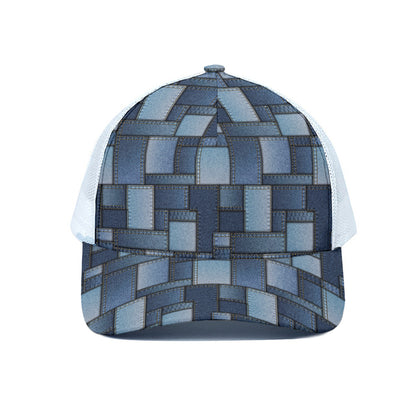 Blue Denim Patchwork Pattern Print White Mesh Trucker Cap