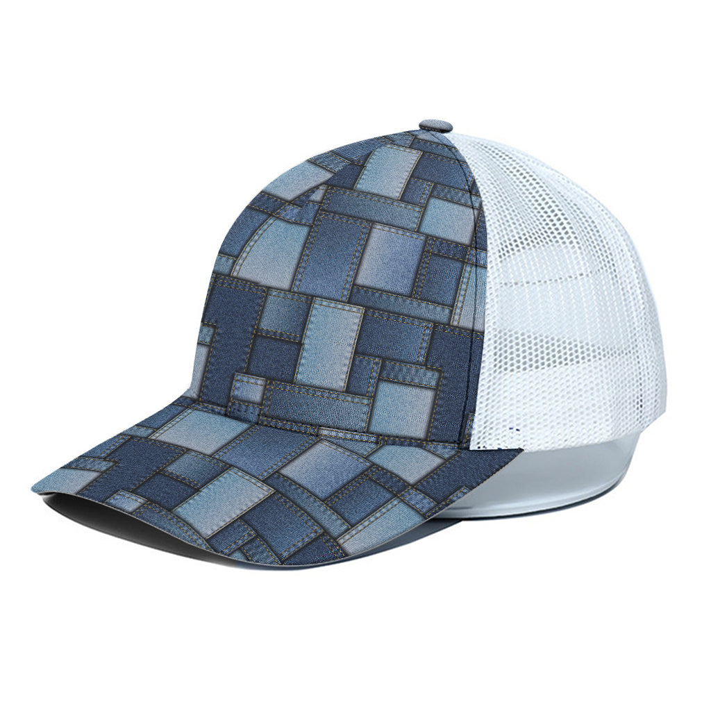 Blue Denim Patchwork Pattern Print White Mesh Trucker Cap