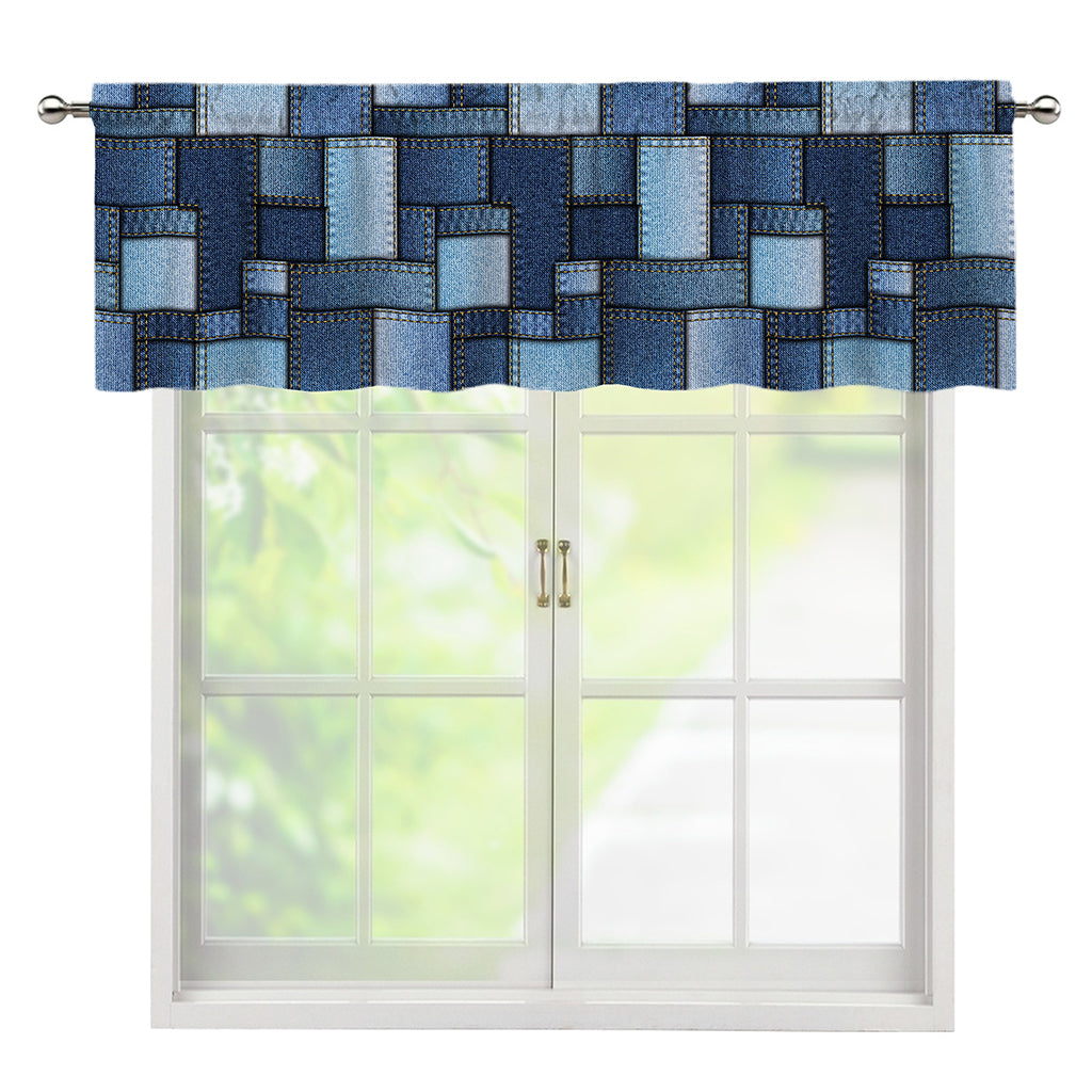 Blue Denim Patchwork Pattern Print Window Valance