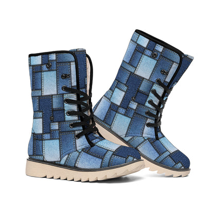 Blue Denim Patchwork Pattern Print Winter Boots
