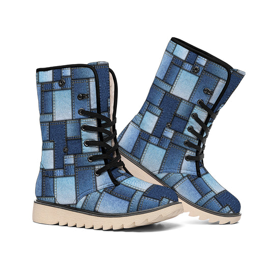 Blue Denim Patchwork Pattern Print Winter Boots