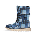 Blue Denim Patchwork Pattern Print Winter Boots