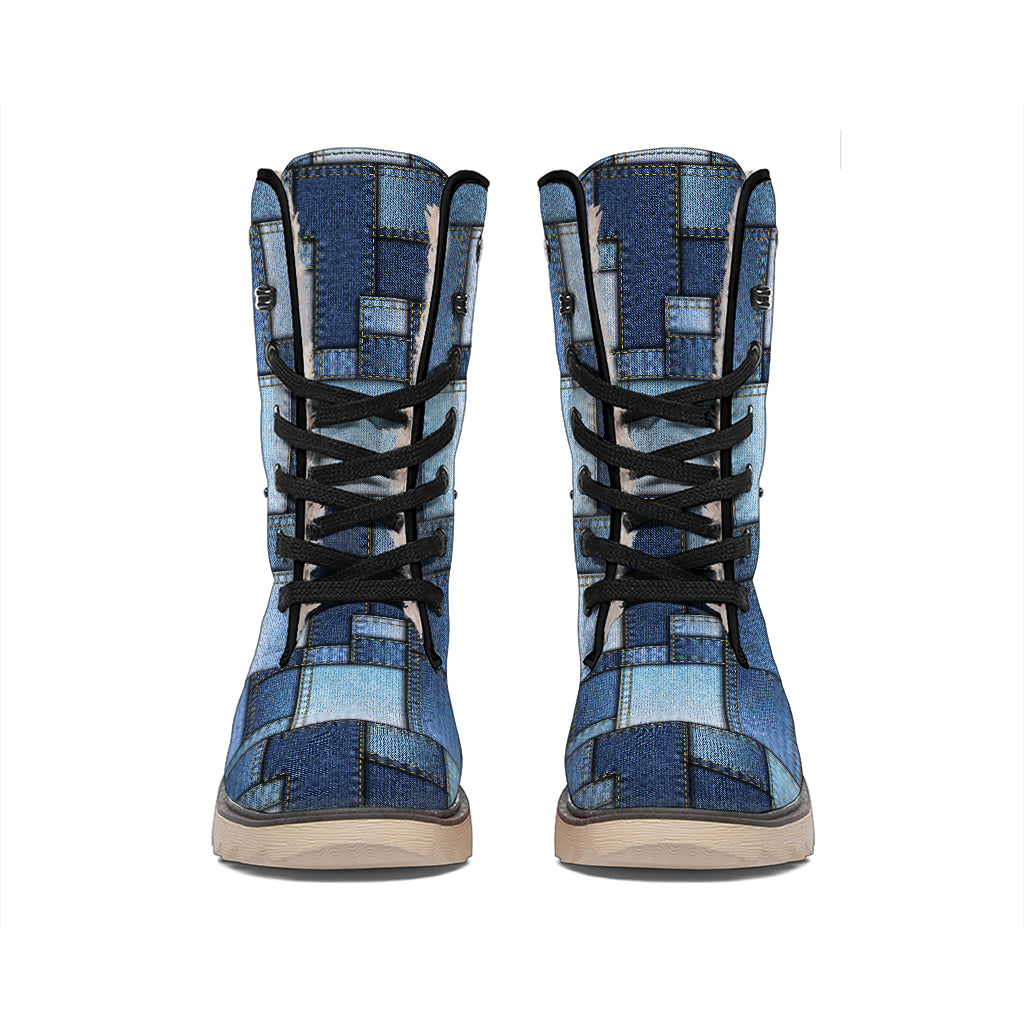 Blue Denim Patchwork Pattern Print Winter Boots